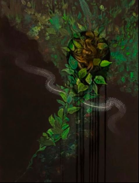 Hair Tangle, by Elizabeth Shupe, 2014, Oil, acrylic, black gesso, colored pencil, reproductions of 19th Century wall paper patter