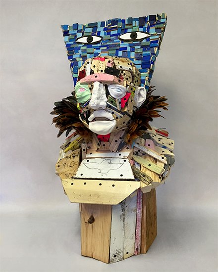 Protect The Empire, by Nicolas Holiber, 2015, Wood, nails, screws, plaster, acrylic, colored pencil and feathers