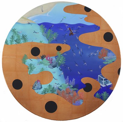 Shark, Lobster and Seal, by Tat Ito, 2010, Acrylic, gouache, and silver leaf on canvas, 36 inches