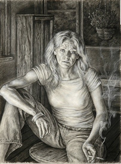 Anita on Daina's Porch, by Edgar Jerins, 2011, Charcoal on paper