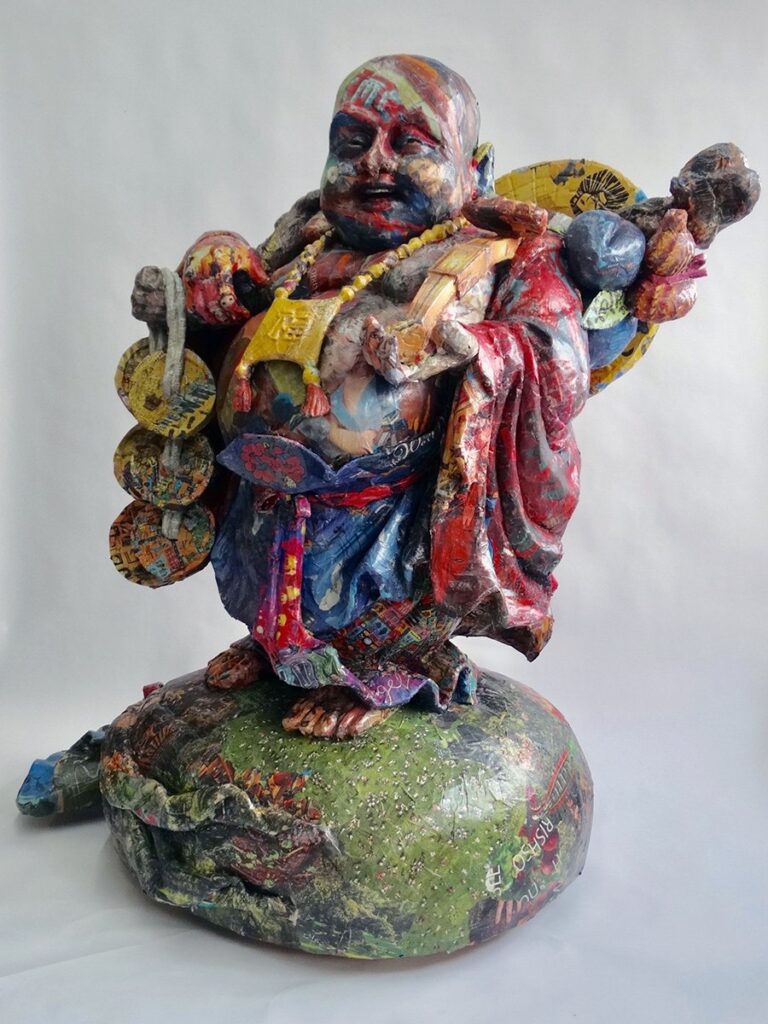 Laughing Buddha, by Will Kurtz, 2018, wood, wire, cardboard, newspaper, tape, glue, matte medium, and varnish