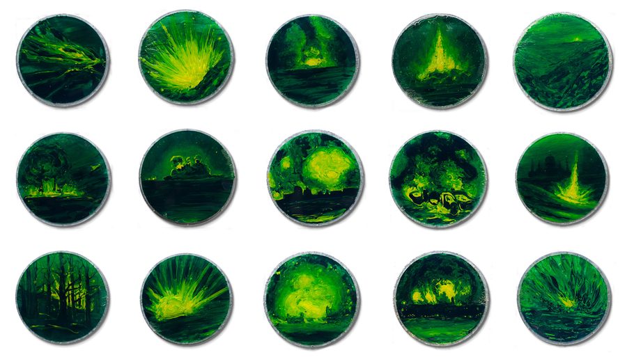 Night Visions, by James Razko, 2018, acrylic on resin disc diameter 4.25 inches each, 15 pieces total