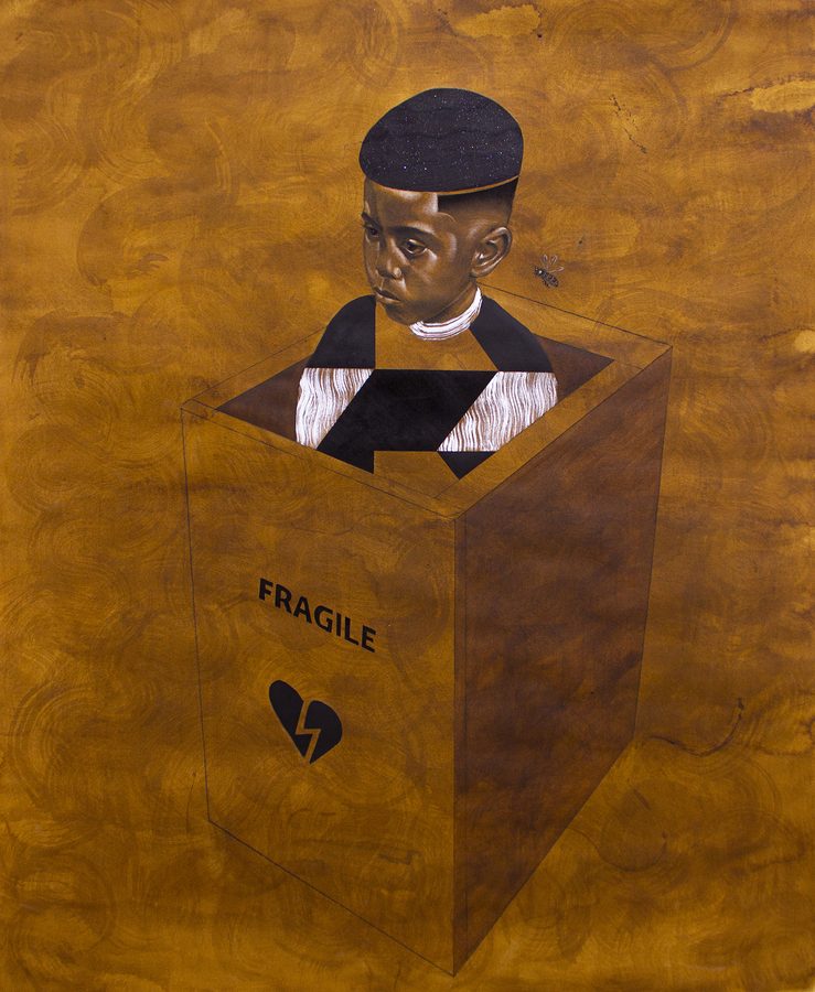 Henry Box Brown Paper, by Prinston Nnanna, 2019, acrylic, gouache, glitter, ink, and charcoal on hand toned paper