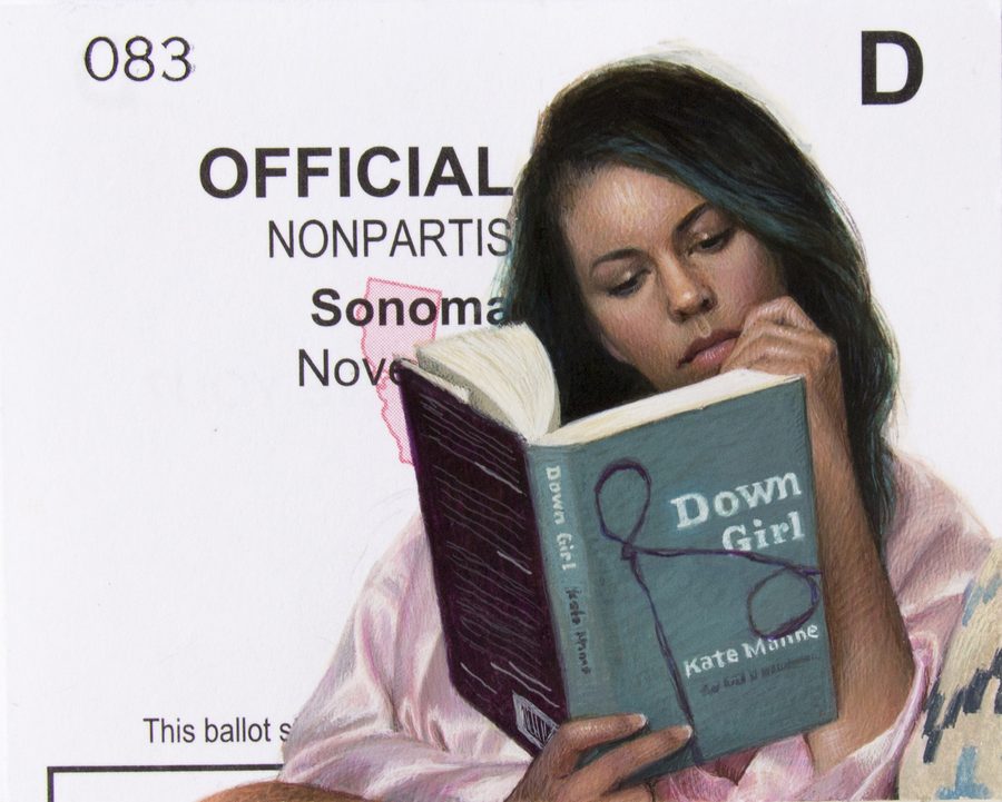 Down Girl, by Diana Corvelle, 2019, gouache on ballot stub