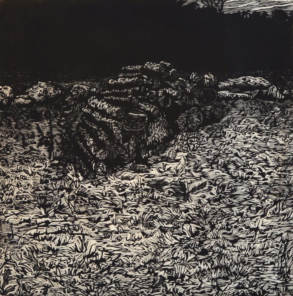 by Sarah Schlesinger, 2014, Wood Pile, 2014. Woodcut print