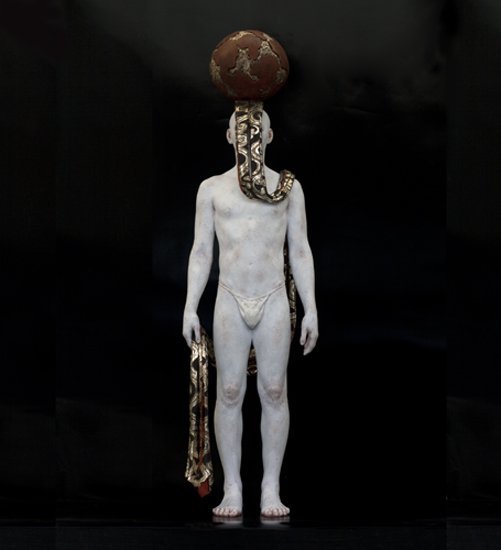 Untitled, by Chie Shimizu, 2011, plaster, pigments, and gold and white gold leaf, 45 inches height with pedestal. Edition 1