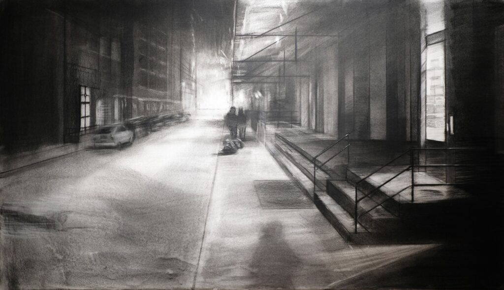 Franklin at Hudson/ Even the Brightest Souls Cast the Darkest Shadows, by Steven Johnson, 2017, Charcoal, chalk, pastel, and gouache on paper