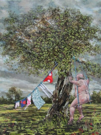 His Haberdashery Pastoral, by Sharon Thomas, 2013, Oil on canvas with fabric collage