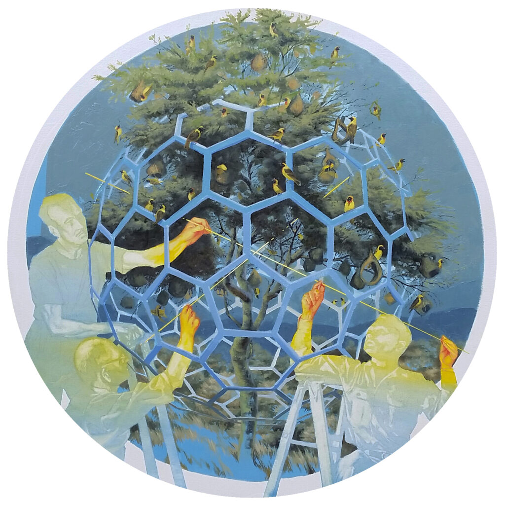 Weaver, by Kerry R. Thompson, 2016, oil on canvas, 34.5 inches diameter