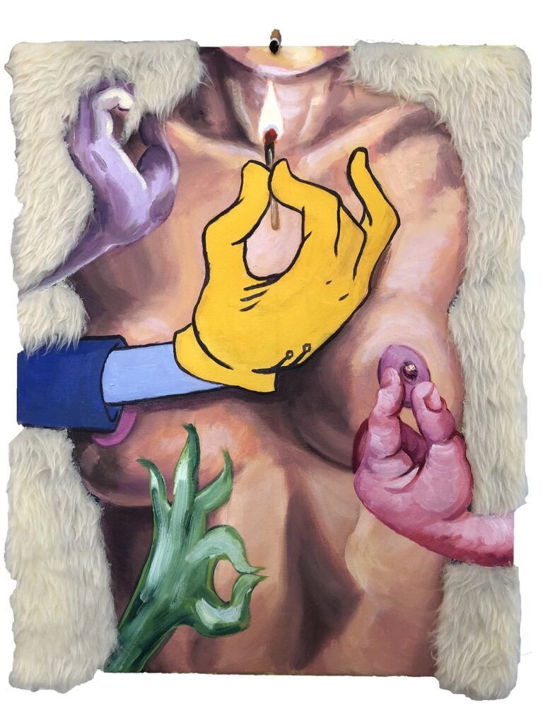 Lemme Light That, by Jacque White, 2019, oil, faux fur, and cigarette butt on canvas