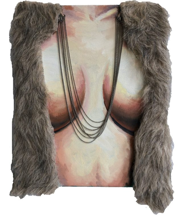 Baby Got a New Fur Coat, by Jacque White, 2019, oil, faux fur, and chain on canvas