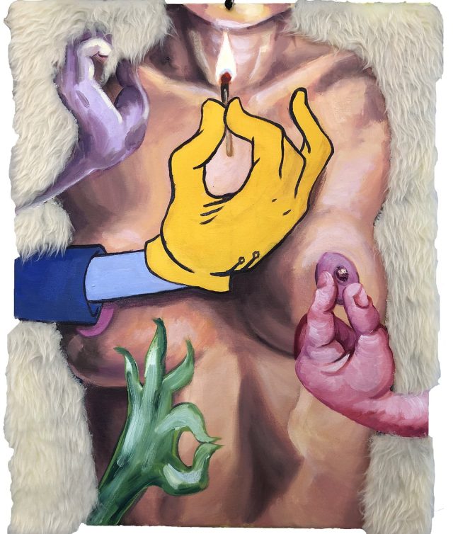 Lemme Light That, by Jacque White, 2019, oil, faux fur, and cigarette butt on canvas